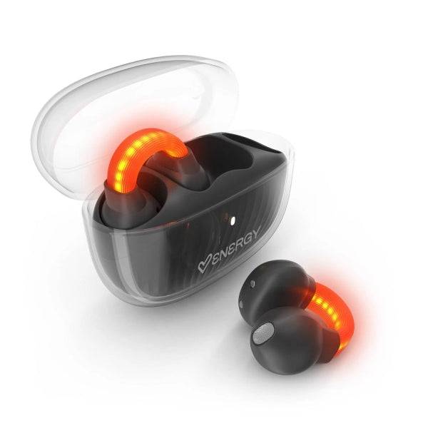 Energy Sistem LightPods Auricolari True Wireless - Bluetooth 5.4 - Sistema Safety Lights - Fino a 25h Autonomia - Tecnologia Open Sound - Microfono con Riduzione Rumore ENC - Assistente Vocale Integrato - Design Curved-Fit - Colore Nero