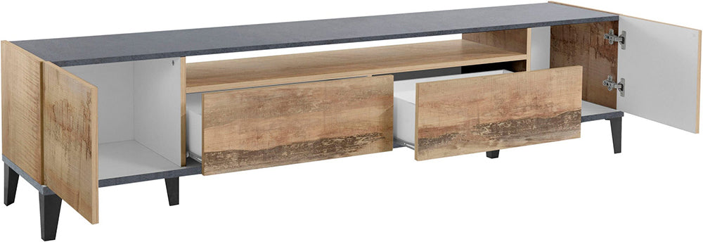 Porta TV SUNRISE 200 cm - Acero/ardesia, 2 vani e 2 cassetti