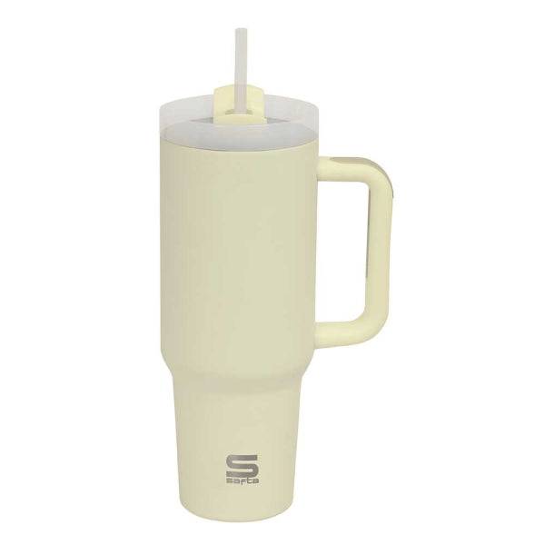 Safta Bicchiere con Manico Termico - Capacità 1.2L - Cannuccia - Base Antiscivolo - Acciaio Inossidabile - Doppia Parete - 12h Caldo - 24h Freddo - 10x26.5cm - Colore Giallo Pastello