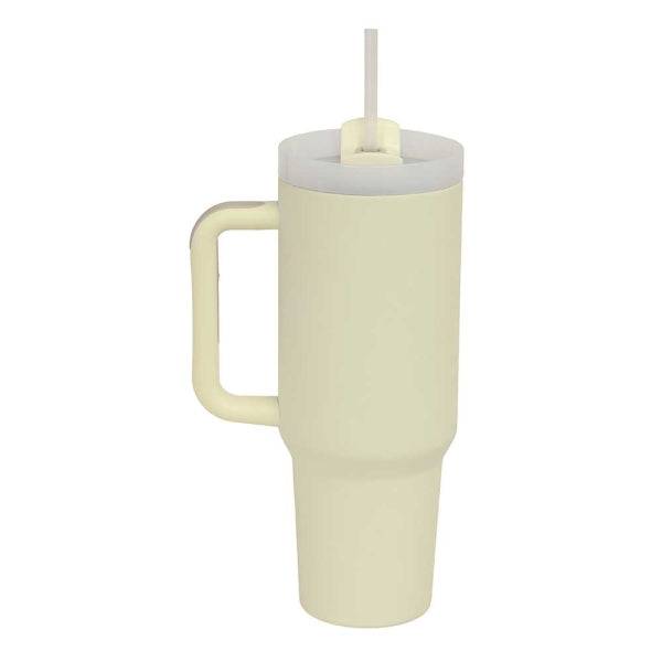 Safta Bicchiere con Manico Termico - Capacità 1.2L - Cannuccia - Base Antiscivolo - Acciaio Inossidabile - Doppia Parete - 12h Caldo - 24h Freddo - 10x26.5cm - Colore Giallo Pastello