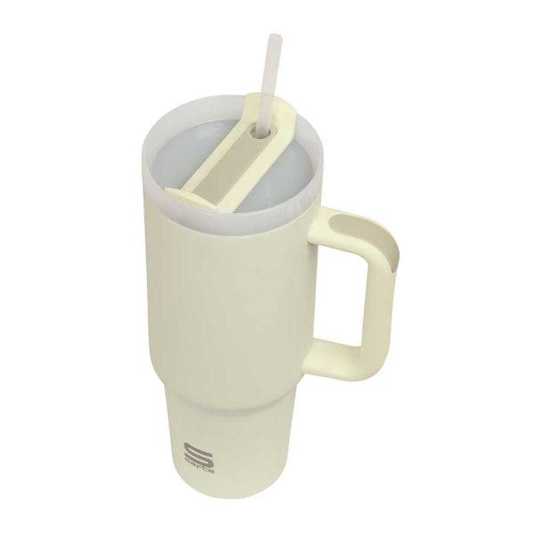 Safta Bicchiere con Manico Termico - Capacità 1.2L - Cannuccia - Base Antiscivolo - Acciaio Inossidabile - Doppia Parete - 12h Caldo - 24h Freddo - 10x26.5cm - Colore Giallo Pastello