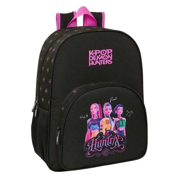 Safta K-Pop Demon Hunters Zaino - Adattabile a Trolley - Tasca Frontale - Portabottiglie - Zip con Doppia Trazione - Manico di Mano - Spallacci e Schiena Imbottita - 33x42x14cm - Colore Nero e Rosa