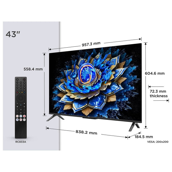 TCL 43T69C Televisore Smart TV 43" QLED UltraHD 4K HDR - Google TV - WiFi, HDMI, USB 3.0, Ethernet, Bluetooth - VESA 200x200mm