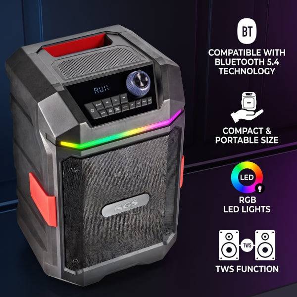 NGS Wild Bash Compact Altavoz Premium 200W - Bluetooth 5.4 - USB y AUX - Iluminacion LED - IPX6 - Colore Nero
