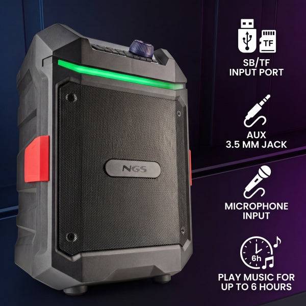 NGS Wild Bash Compact Altavoz Premium 200W - Bluetooth 5.4 - USB y AUX - Iluminacion LED - IPX6 - Colore Nero