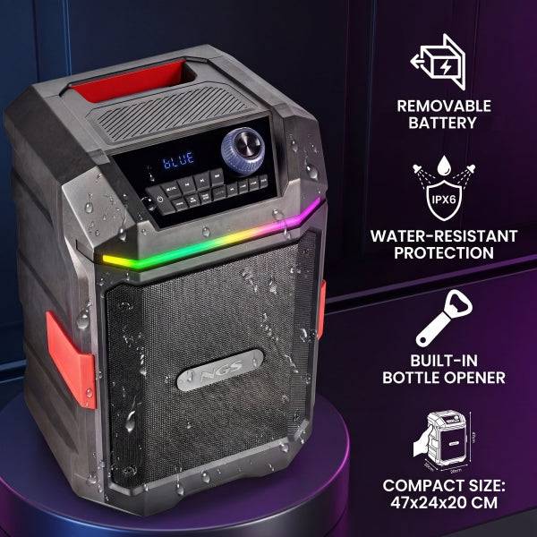 NGS Wild Bash Compact Altavoz Premium 200W - Bluetooth 5.4 - USB y AUX - Iluminacion LED - IPX6 - Colore Nero