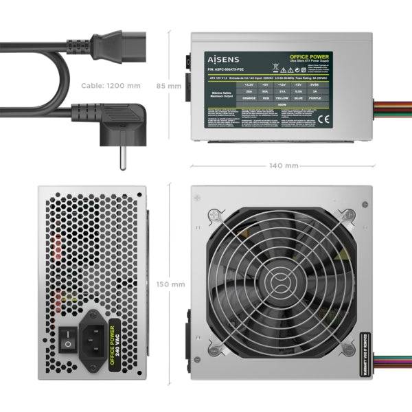 Aisens ASPC-500ATX-PSE Alimentatore 500W ATX - Ventola 120mm - OEM - Cavo di Alimentazione Incluso - Colore Argento