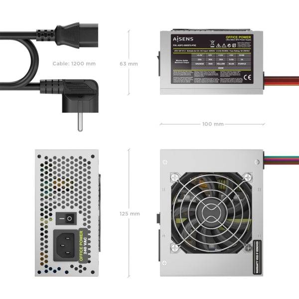 Aisens ASPC-500SFX-PSE Alimentatore 500W SFX - Ventola 80mm - OEM - Cavo Alimentazione Incluso - Colore Argento