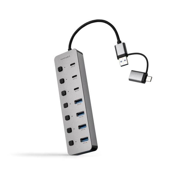 Nanocable Hub USBA/USB-C - 4x USB-A + 3x USB-C 3.0 + USB-C 5V - Interruttori Individuali ON/OFF - Cavo 18cm - Colore Argento