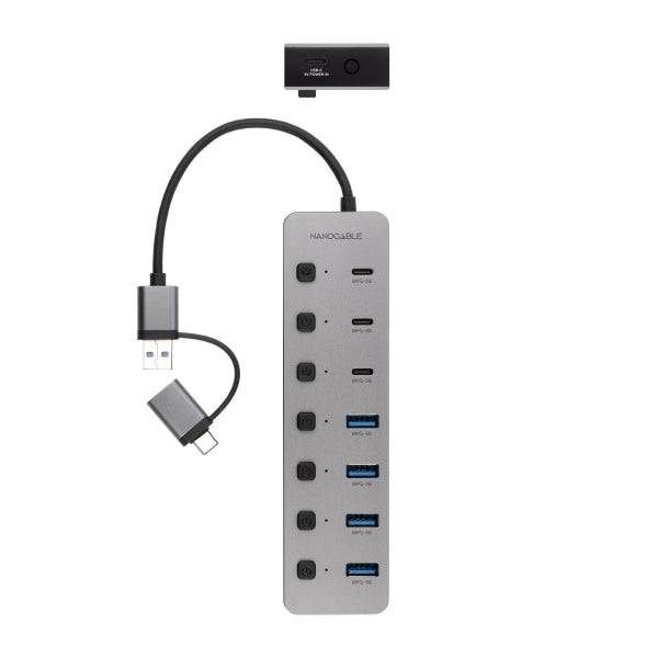 Nanocable Hub USBA/USB-C - 4x USB-A + 3x USB-C 3.0 + USB-C 5V - Interruttori Individuali ON/OFF - Cavo 18cm - Colore Argento
