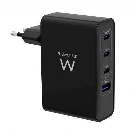 Ewent EW1330 Caricabatterie GaN Universale da Parete 100W Ultrarapido - 3x USB-C PD 3.0 e 1x USB-A QC 3.0 - Colore Nero