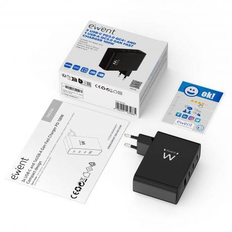 Ewent EW1330 Caricabatterie GaN Universale da Parete 100W Ultrarapido - 3x USB-C PD 3.0 e 1x USB-A QC 3.0 - Colore Nero