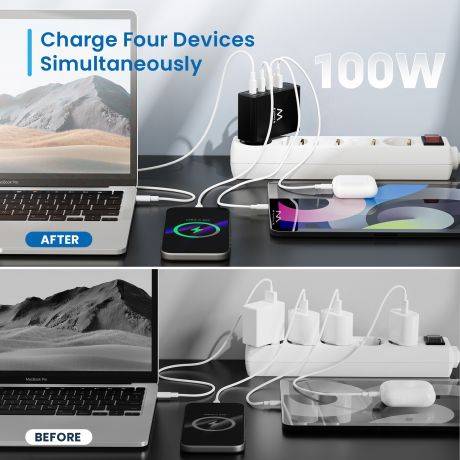 Ewent EW1330 Caricabatterie GaN Universale da Parete 100W Ultrarapido - 3x USB-C PD 3.0 e 1x USB-A QC 3.0 - Colore Nero