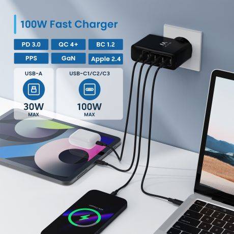Ewent EW1330 Caricabatterie GaN Universale da Parete 100W Ultrarapido - 3x USB-C PD 3.0 e 1x USB-A QC 3.0 - Colore Nero