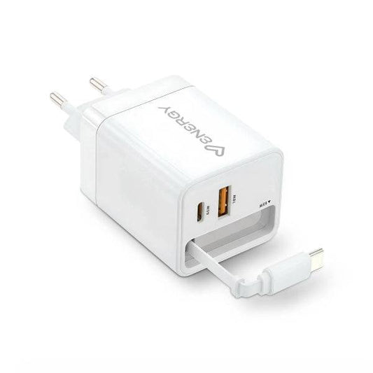 Energy Sistem Retractable Charger Caricabatterie GaN 20W - 1x USB-C PD, 1xUSB-A + Cavo USB-C 60cm Retrattile - Ricarica Intelligente e Rapida - Controllo Temperatura e Sovratensione - Colore Bianco