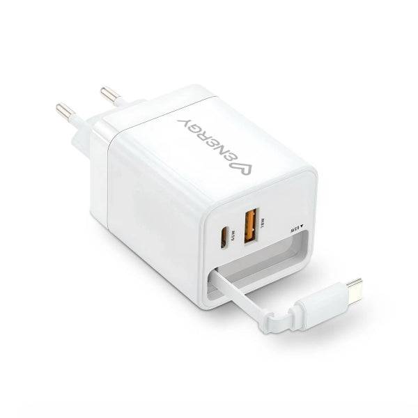Energy Sistem Retractable Charger Caricabatterie GaN 20W - 1x USB-C PD, 1xUSB-A + Cavo USB-C 60cm Retrattile - Ricarica Intelligente e Rapida - Controllo Temperatura e Sovratensione - Colore Bianco