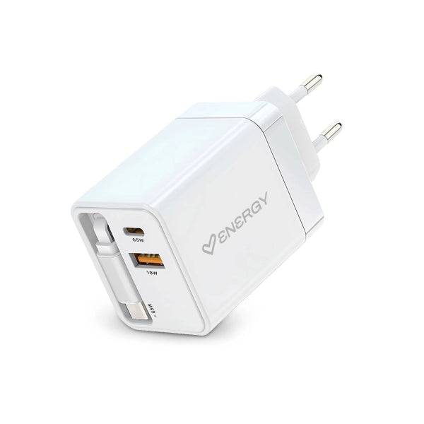 Energy Sistem Retractable Charger Caricabatterie GaN 20W - 1x USB-C PD, 1xUSB-A + Cavo USB-C 60cm Retrattile - Ricarica Intelligente e Rapida - Controllo Temperatura e Sovratensione - Colore Bianco