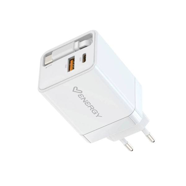Energy Sistem Retractable Charger Caricabatterie GaN 20W - 1x USB-C PD, 1xUSB-A + Cavo USB-C 60cm Retrattile - Ricarica Intelligente e Rapida - Controllo Temperatura e Sovratensione - Colore Bianco