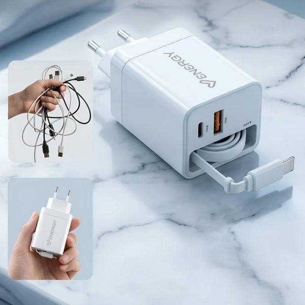 Energy Sistem Retractable Charger Caricabatterie GaN 20W - 1x USB-C PD, 1xUSB-A + Cavo USB-C 60cm Retrattile - Ricarica Intelligente e Rapida - Controllo Temperatura e Sovratensione - Colore Bianco