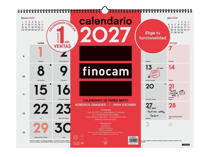 Finocam Neutro Calendario da Parete - Annuale 2027 - Visualizzazione Mensile - Formato XL - 540x420mm - Spirale Doppia - Carta da 135g/m2 - Spazio per Scrivere - Numeri Grandi - Colore Rosso e Bianco