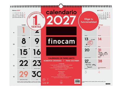 Finocam Neutro Calendario da Parete - Annuale 2027 - Visualizzazione Mensile - Formato XL - 540x420mm - Spirale Doppia - Carta da 135g/m2 - Spazio per Scrivere - Numeri Grandi - Colore Rosso e Bianco