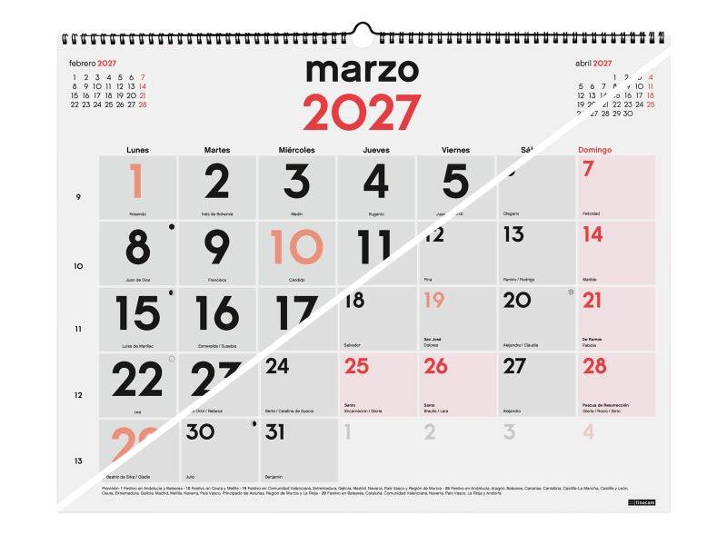Finocam Neutro Calendario da Parete - Annuale 2027 - Visualizzazione Mensile - Formato XL - 540x420mm - Spirale Doppia - Carta da 135g/m2 - Spazio per Scrivere - Numeri Grandi - Colore Rosso e Bianco