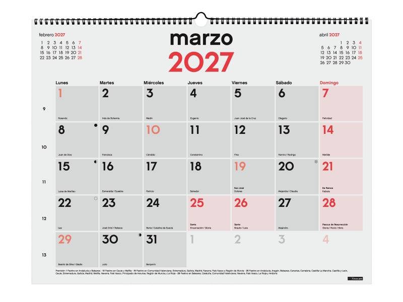 Finocam Neutro Calendario da Parete - Annuale 2027 - Visualizzazione Mensile - Formato XL - 540x420mm - Spirale Doppia - Carta da 135g/m2 - Spazio per Scrivere - Numeri Grandi - Colore Rosso e Bianco