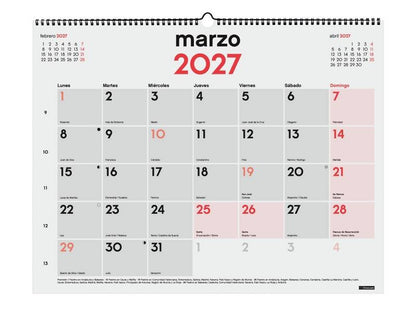 Finocam Neutro Calendario da Parete - Annuale 2027 - Visualizzazione Mensile - Formato XL - 540x420mm - Spirale Doppia - Carta da 135g/m2 - Spazio per Scrivere - Numeri Grandi - Colore Rosso e Bianco