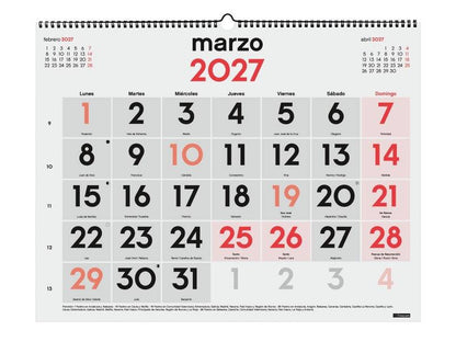 Finocam Neutro Calendario da Parete - Annuale 2027 - Visualizzazione Mensile - Formato XL - 540x420mm - Spirale Doppia - Carta da 135g/m2 - Spazio per Scrivere - Numeri Grandi - Colore Rosso e Bianco