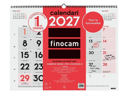 Finocam Neutro Calendario da Parete in Catalano - Annuale 2027 - Visualizzazione Mensile - Formato XL - 540x420mm - Spirale Doppia - Carta da 135g/m2 - Spazio per Scrivere - Numeri Grandi - Colore Rosso e Bianco