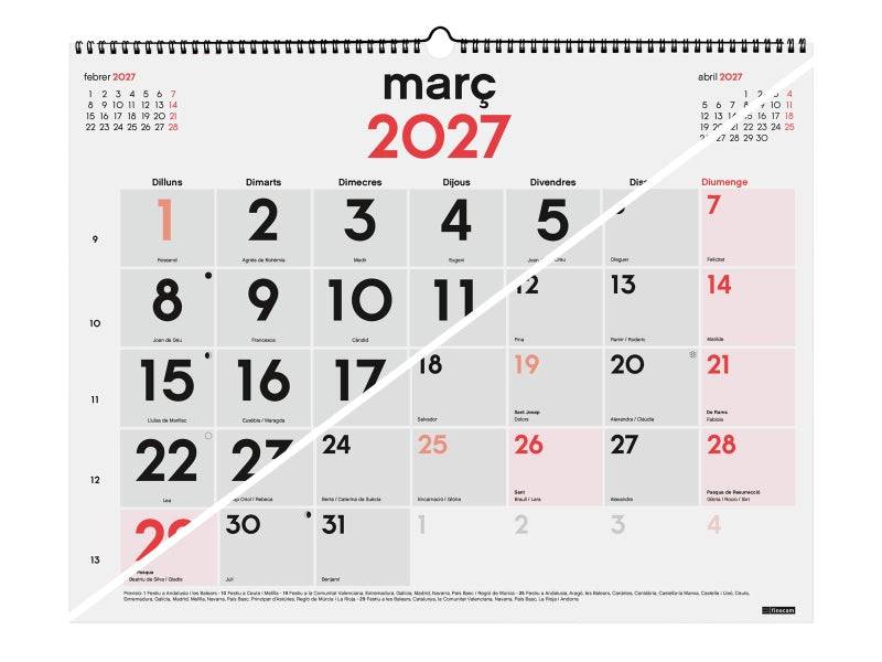 Finocam Neutro Calendario da Parete in Catalano - Annuale 2027 - Visualizzazione Mensile - Formato XL - 540x420mm - Spirale Doppia - Carta da 135g/m2 - Spazio per Scrivere - Numeri Grandi - Colore Rosso e Bianco