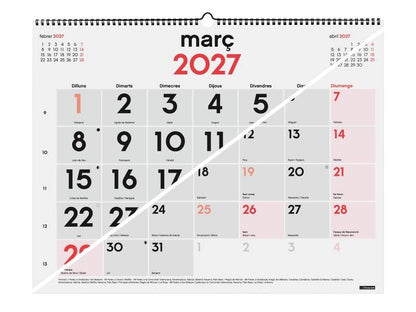Finocam Neutro Calendario da Parete in Catalano - Annuale 2027 - Visualizzazione Mensile - Formato XL - 540x420mm - Spirale Doppia - Carta da 135g/m2 - Spazio per Scrivere - Numeri Grandi - Colore Rosso e Bianco