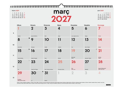 Finocam Neutro Calendario da Parete in Catalano - Annuale 2027 - Visualizzazione Mensile - Formato XL - 540x420mm - Spirale Doppia - Carta da 135g/m2 - Spazio per Scrivere - Numeri Grandi - Colore Rosso e Bianco