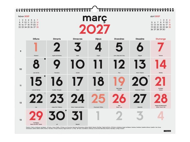 Finocam Neutro Calendario da Parete in Catalano - Annuale 2027 - Visualizzazione Mensile - Formato XL - 540x420mm - Spirale Doppia - Carta da 135g/m2 - Spazio per Scrivere - Numeri Grandi - Colore Rosso e Bianco