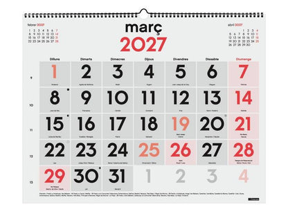 Finocam Neutro Calendario da Parete in Catalano - Annuale 2027 - Visualizzazione Mensile - Formato XL - 540x420mm - Spirale Doppia - Carta da 135g/m2 - Spazio per Scrivere - Numeri Grandi - Colore Rosso e Bianco