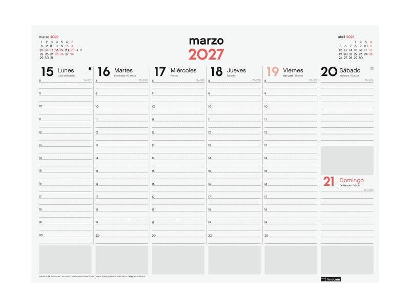 Finocam Neutro Vade Calendario - Annuale 2027 - Settimana Vista Verticale - 420x310mm - Incollato - Carta da 90g/m2 - Spazio per Note - Colore Rosso e Bianco