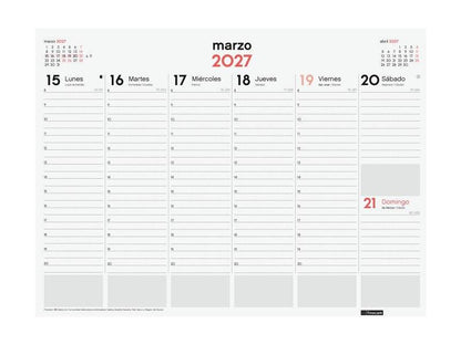 Finocam Neutro Vade Calendario - Annuale 2027 - Settimana Vista Verticale - 420x310mm - Incollato - Carta da 90g/m2 - Spazio per Note - Colore Rosso e Bianco