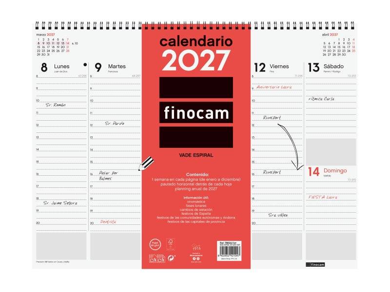 Finocam Neutro Vade Calendario - Annuale 2027 - Visualizzazione Settimanale Verticale - 420x310mm - Spirale Doppia - Carta da 90g/m2 - Spazio per Note - Copertine in Polipropilene - Colore Rosso e Bianco