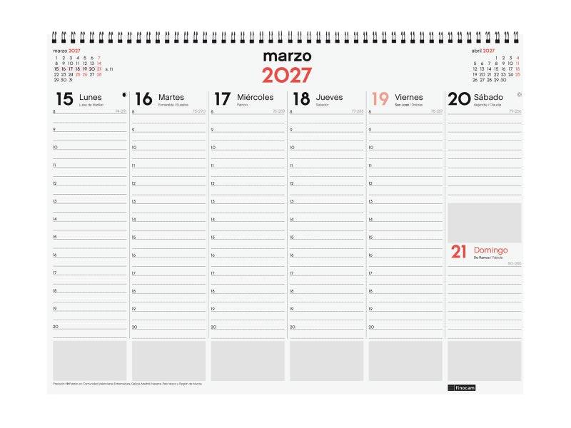 Finocam Neutro Vade Calendario - Annuale 2027 - Visualizzazione Settimanale Verticale - 420x310mm - Spirale Doppia - Carta da 90g/m2 - Spazio per Note - Copertine in Polipropilene - Colore Rosso e Bianco