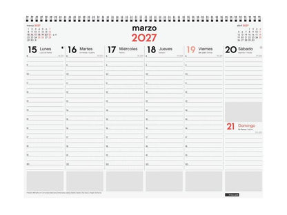 Finocam Neutro Vade Calendario - Annuale 2027 - Visualizzazione Settimanale Verticale - 420x310mm - Spirale Doppia - Carta da 90g/m2 - Spazio per Note - Copertine in Polipropilene - Colore Rosso e Bianco