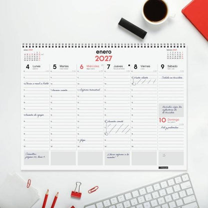 Finocam Neutro Vade Calendario - Annuale 2027 - Visualizzazione Settimanale Verticale - 420x310mm - Spirale Doppia - Carta da 90g/m2 - Spazio per Note - Copertine in Polipropilene - Colore Rosso e Bianco