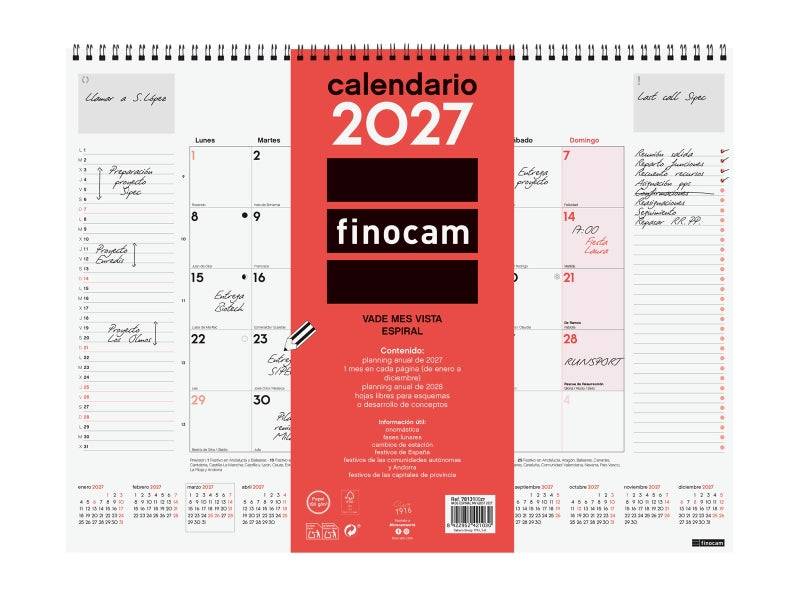 Finocam Neutro Vade Calendario - Annuale 2027 - Mese Vista - 420x310mm - Spirale Doppia - Carta da 150g/m2 - Spazio per Scrivere - Colore Rosso e Bianco