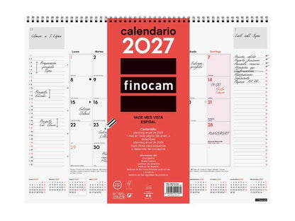 Finocam Neutro Vade Calendario - Annuale 2027 - Mese Vista - 420x310mm - Spirale Doppia - Carta da 150g/m2 - Spazio per Scrivere - Colore Rosso e Bianco