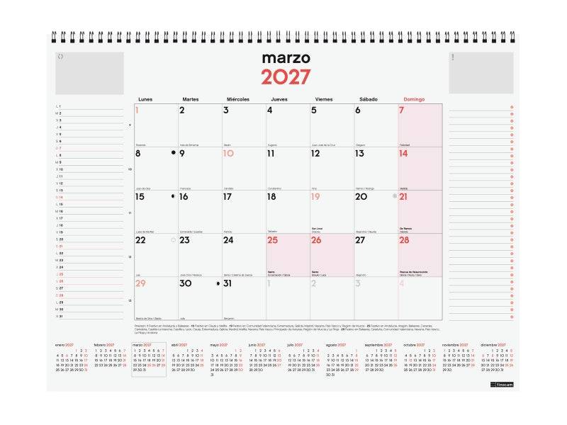 Finocam Neutro Vade Calendario - Annuale 2027 - Mese Vista - 420x310mm - Spirale Doppia - Carta da 150g/m2 - Spazio per Scrivere - Colore Rosso e Bianco