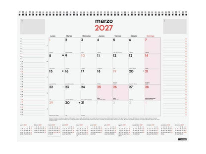 Finocam Neutro Vade Calendario - Annuale 2027 - Mese Vista - 420x310mm - Spirale Doppia - Carta da 150g/m2 - Spazio per Scrivere - Colore Rosso e Bianco