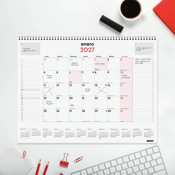 Finocam Neutro Vade Calendario - Annuale 2027 - Mese Vista - 420x310mm - Spirale Doppia - Carta da 150g/m2 - Spazio per Scrivere - Colore Rosso e Bianco