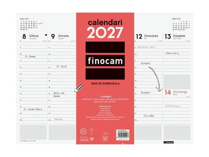 Finocam Neutro Vade Calendario in Catalano - Annuale 2027 - Settimana Vista Verticale - 420x310mm - Incollato - Carta da 90g/m2 - Spazio per Note - Colore Rosso e Bianco