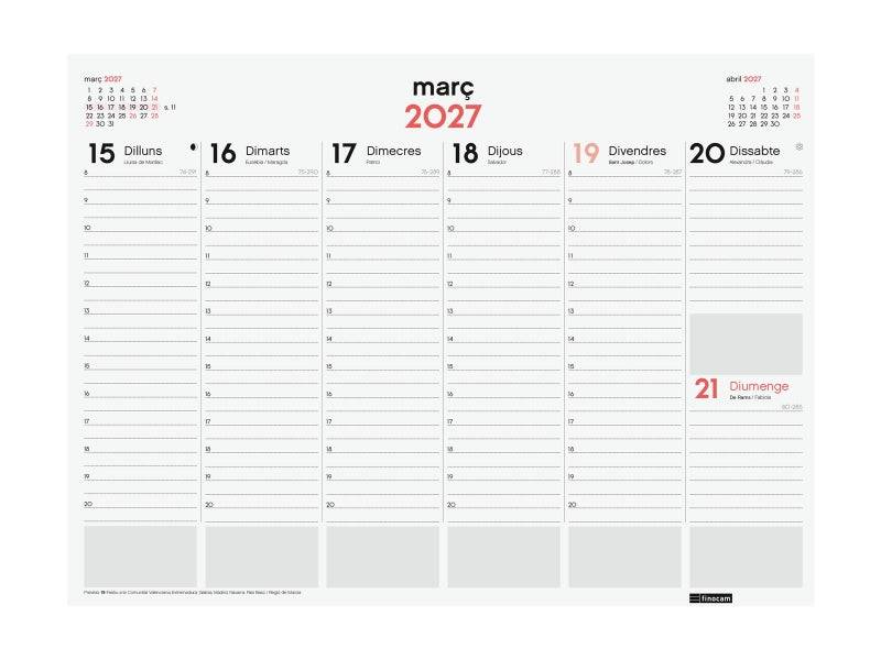 Finocam Neutro Vade Calendario in Catalano - Annuale 2027 - Settimana Vista Verticale - 420x310mm - Incollato - Carta da 90g/m2 - Spazio per Note - Colore Rosso e Bianco