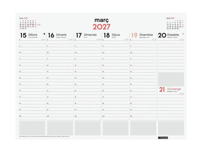 Finocam Neutro Vade Calendario in Catalano - Annuale 2027 - Settimana Vista Verticale - 420x310mm - Incollato - Carta da 90g/m2 - Spazio per Note - Colore Rosso e Bianco