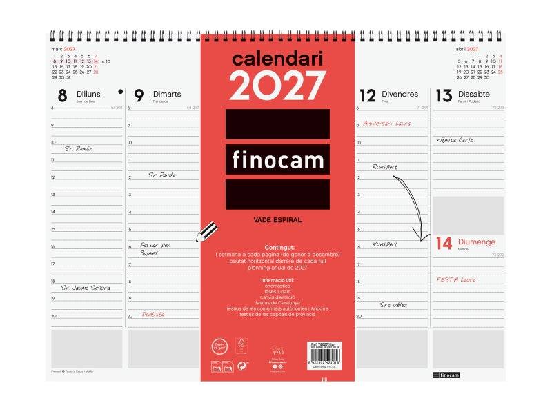 Finocam Neutro Vade Calendario in Catalano - Annuale 2027 - Visualizzazione Settimanale Verticale - 420x310mm - Spirale Doppia - Carta da 90g/m2 - Spazio per Note - Copertine in Polipropilene - Colore Rosso e Bianco